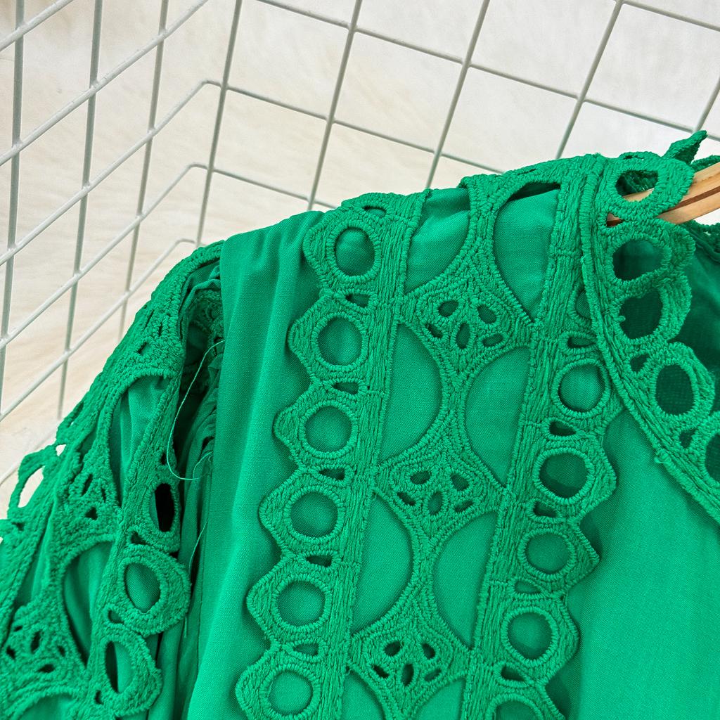 Court Style Elegant Dresses for Women Crochet Lace Hollow Out O-neck Lantern Sleeve Female Vestidos A-line Belted Dress Dropship