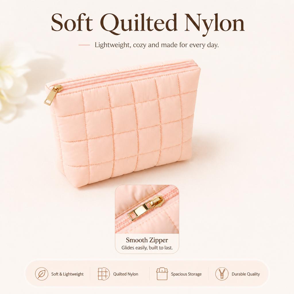 Puffer Makeup Bag Quilted Cosmetic Pouch Large Capacity Travel Organizer with Zipper Partition for Women Beauty Accessories