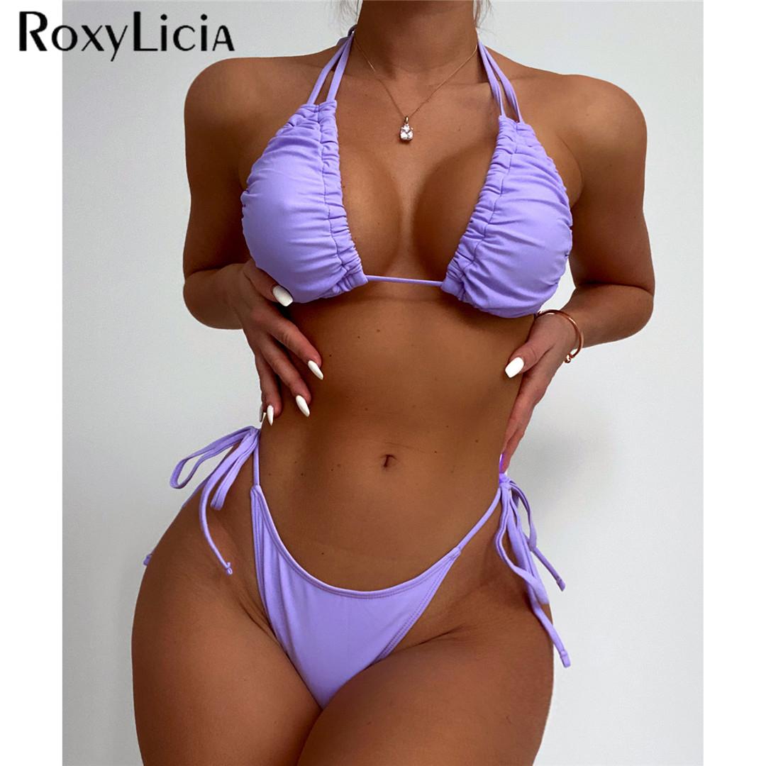 

Сексуальный плиссированный бикини с рюшами на шее, женский купальник, женский купальник, комплект из двух частей, бразильский купальный костюм, купальный костюм
