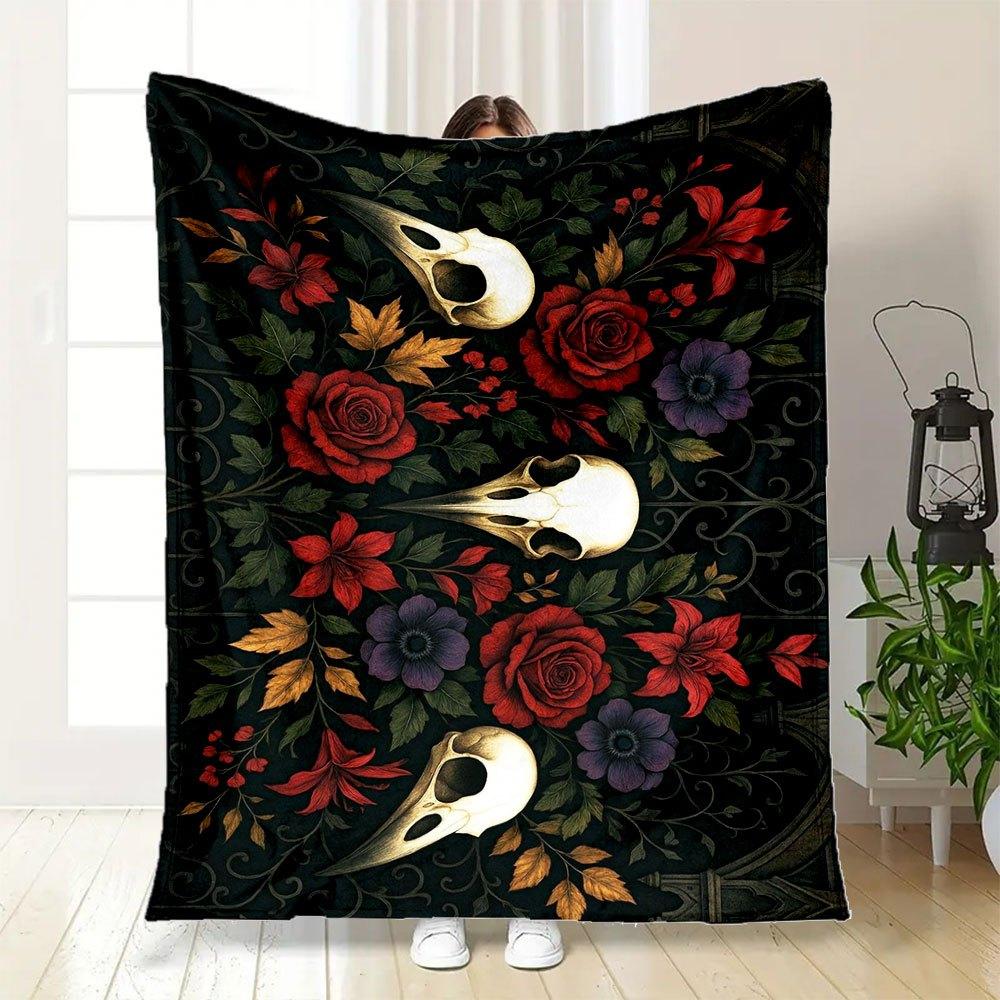 "Dark Gothic Floral Skulls Wall Art Print"Blanket Flannel Throw Blanket for Sofa, Bed, Travel, Camping, Office, Couch, Chair, And Bed Gift f