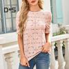 Women Tops Round Neck Puff Short Sleeve Hollow Lace Pullover Tops Solid Color Loose Fit Summer T-shirt