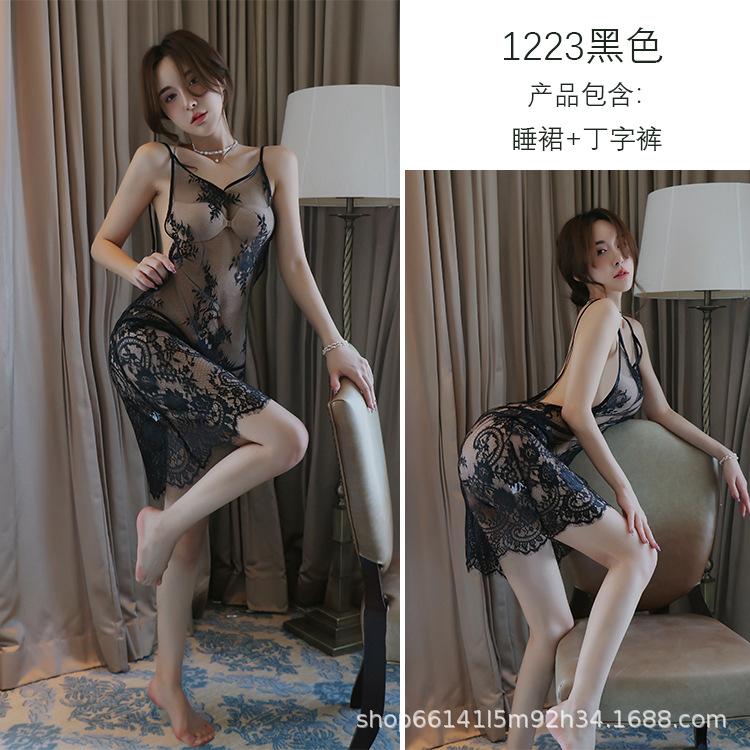 Sex Underwear Sexy Temptation Pajamas V-neck Backless Transparent Large Size Suspender Lace Eyelash Nightdress 1223