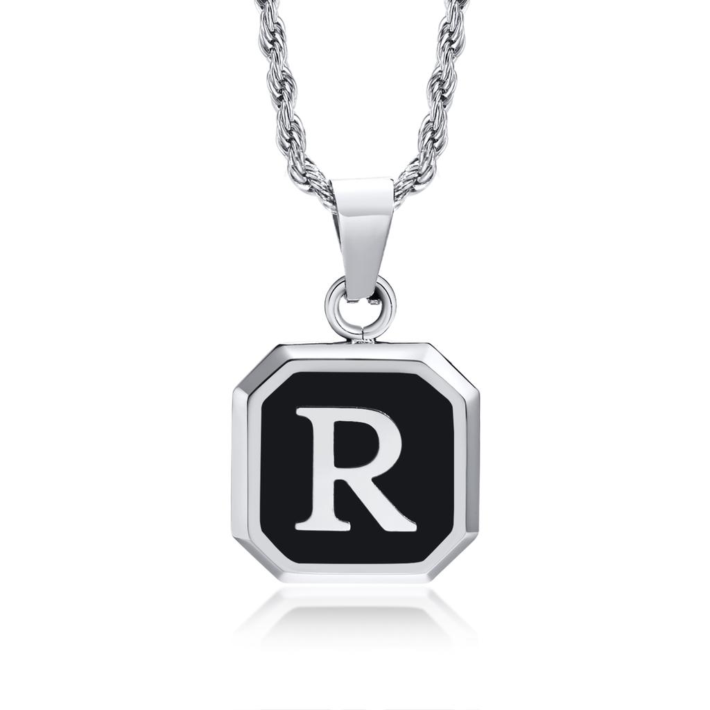 Initials Necklaces for Men Women,A-Z 26 Letters Black Square Stainless Steel Pendant Collar,45-60CM Twisted Rope Chain Gifts