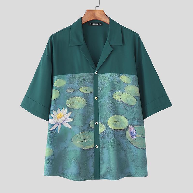

INCERUN Men Lapel Neck Short Sleeve Floral Print Patchwork Casual Oversized Shirts 4XL зелёный