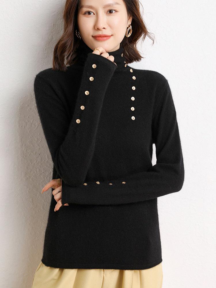 Cashmere Turtleneck Button-Up Sweater - Women's 2026 Autumn/Winter Loose Slimming Warm Base Layer