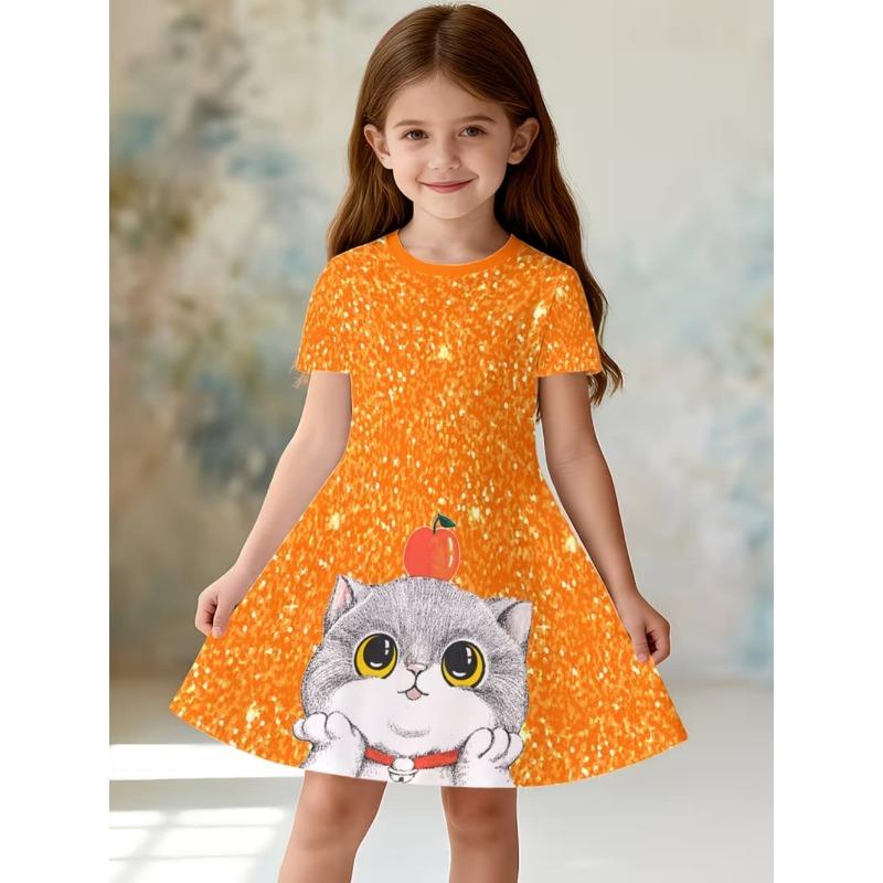 Girls Dresses Vintage Sequin Print Summer Short Sleeve Dress Children's Birthday Gift Toddler Costume Elegant Frocks