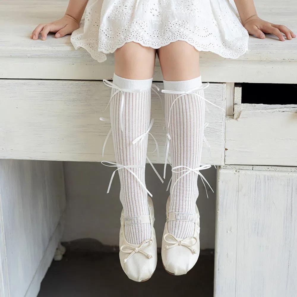 Ribbon Bow Balletcore Socks Solid Color Thin Stockings Comfortable Mid-Tube Hosiery  Women