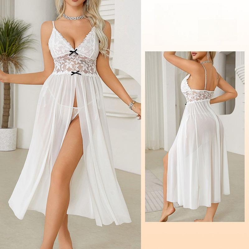 Großformat Sexy Mesh-Spitzen-Nachthemd Hoher Schlitz Langes Camisole Mehrfarbig Loungewear 681 Inklusiv Stilvolle Nachtwäsche Entworfen für Kurvige Körpertypen