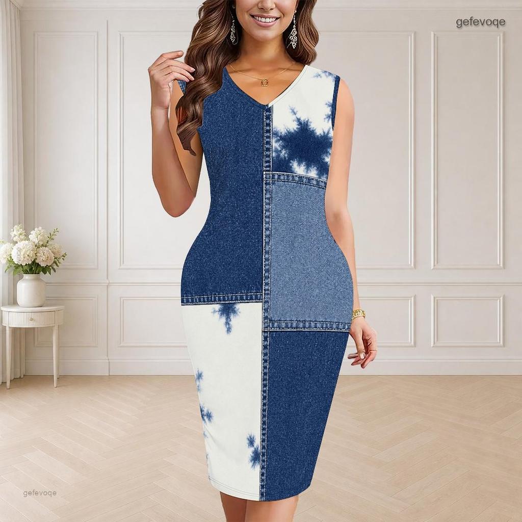 Women Plus Size V Neck Sleeveless Printed Blue Beige Bodycon Midi Dress