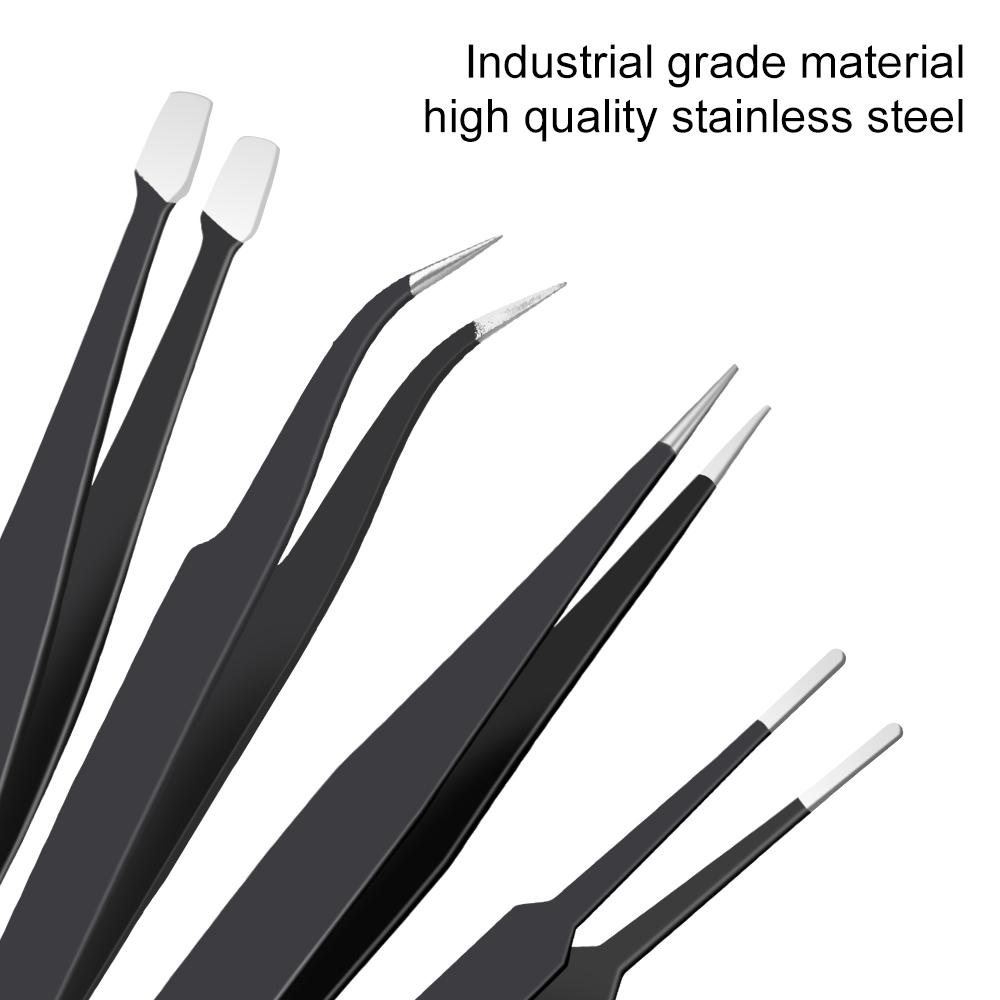 ESD Tweezers 10Pcs/Set Industrial Repair Tools Precision Anti-Static Electronics Soldering Craft Curved Straight Tweezers Stainless Steel