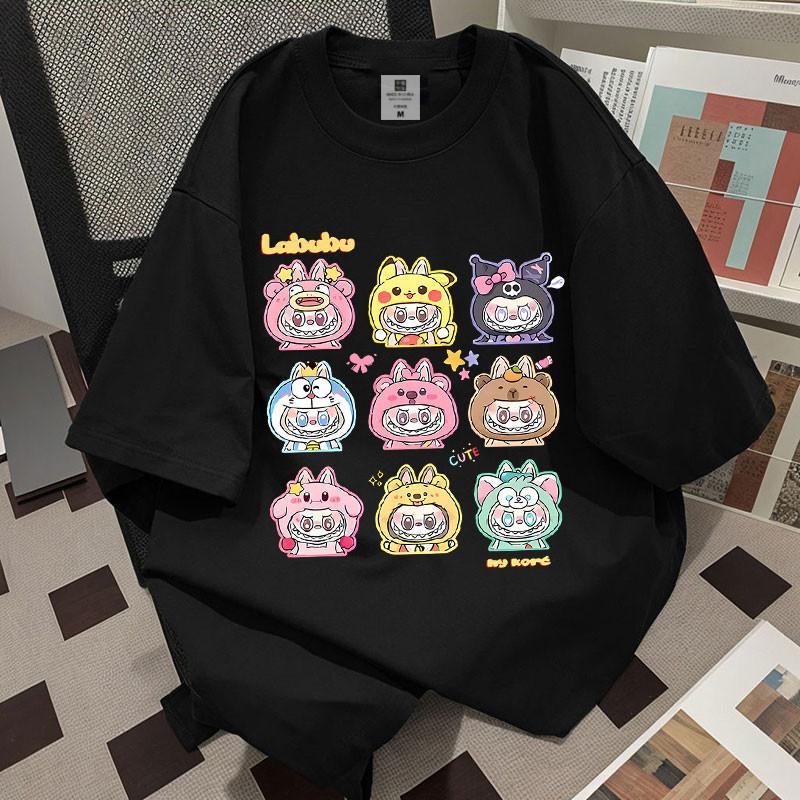 LABUBU Printed Women's Round Neck Short Sleeve Fashion Versatile Multiple LABUBU Pattern T-shirt Summer Casual Street Top