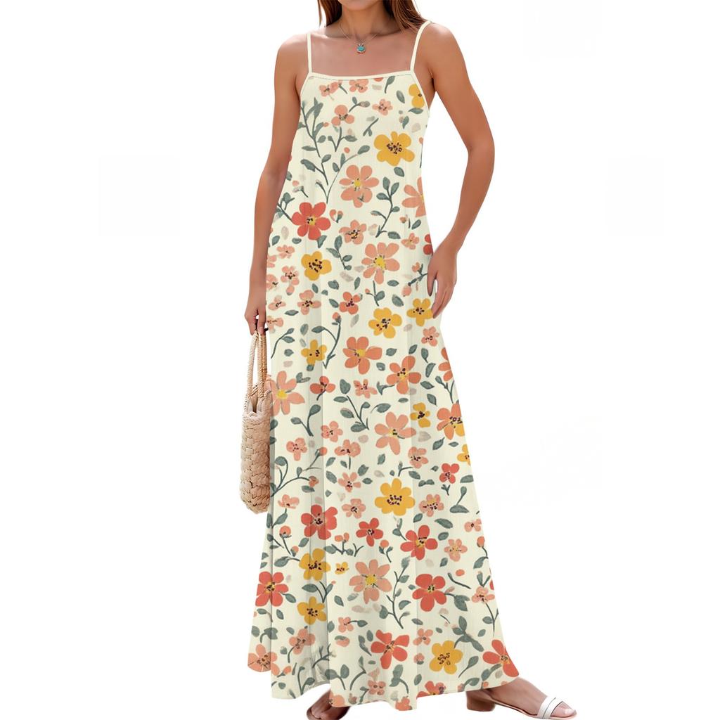 Women's Spring And Summer Casual Fashion Adjustable Suspender Printing Long Dress