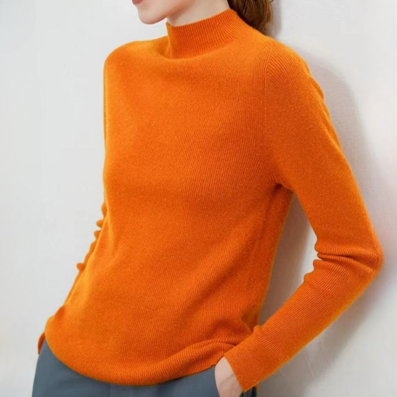 IHUASU Women's Semi-high Neck Wool Sweater Women 100% Pure Wool Slim Cashmere Knitting Bottoming Tight Inner Jumper