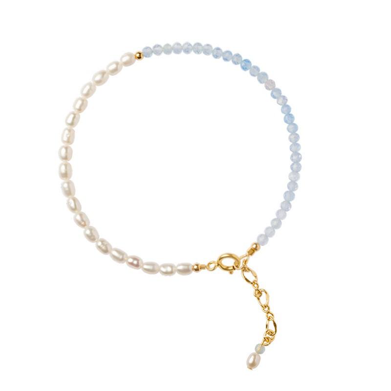Womens Light Blue Natural Aquamarine Bracelet Ins Style Tiny Pearl Beaded Strand Ultra Thin 2mm Dainty Jewelry