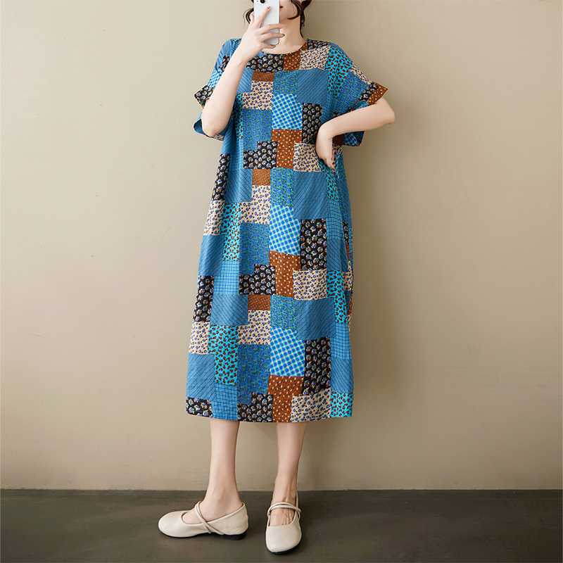 Summer Thin Cotton and Linen Retro Flower Art Knee Length Dress with Feminine Temperament