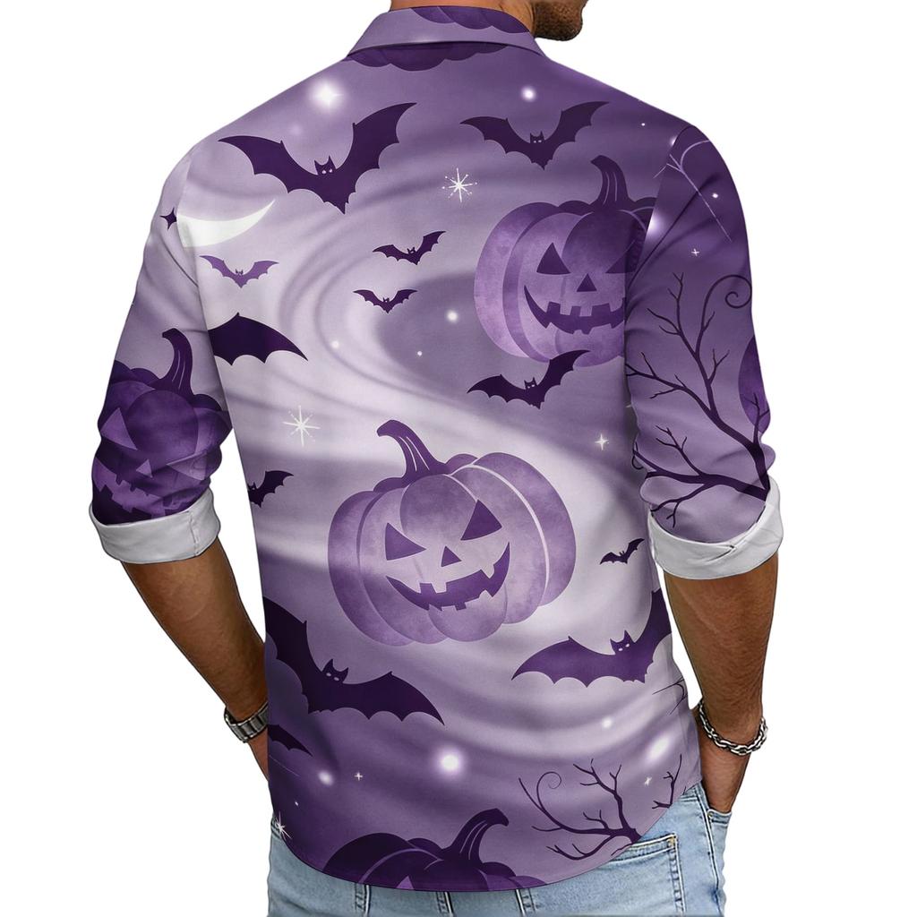 Men's Loose Fit Long Sleeve Shirt Halloween Pumpkin Print Casual Button Down Shirt Vintage Style Breathable Fabric Comfortable for Outdoor Workwear