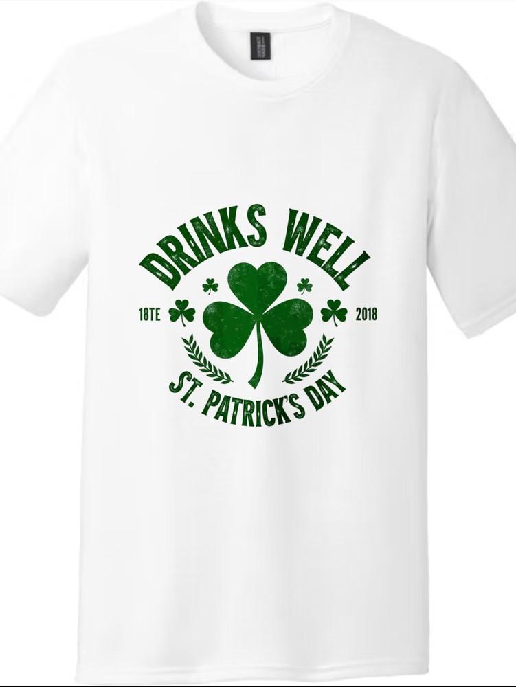

St.Patrick s Day Lucky Clover Printed Tee, Unisex Retro Drinks Well Short Sleeve 3XL