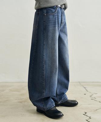 ROTEMBER Panel Curved Wide Denim Pants [Mid Blue]