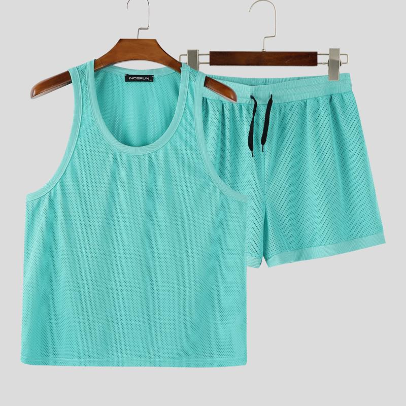 INCERUN 2PCS Summer Men Hollow Sleeveless Tank Tops and Shorts Beach Outfits Sets
