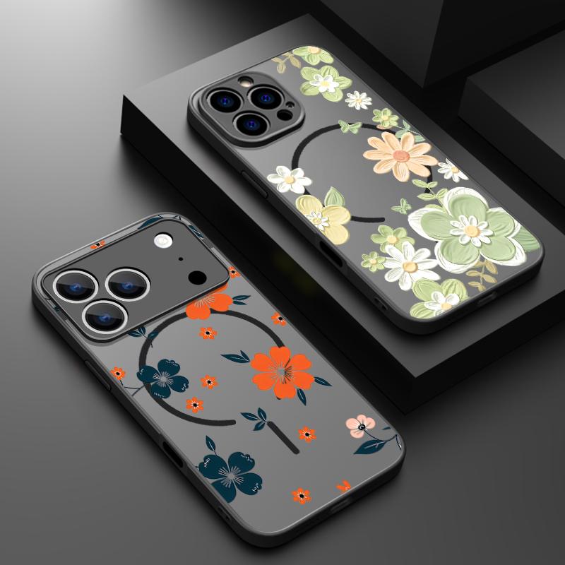 Cartoon Flowers Print Case For iPhone 17 Pro Max Case iPhone 16 15 14 13 Pro Max 17E Magnetic For Magsafe Thin Ring Hybrid TPU+PC Matte Cover
