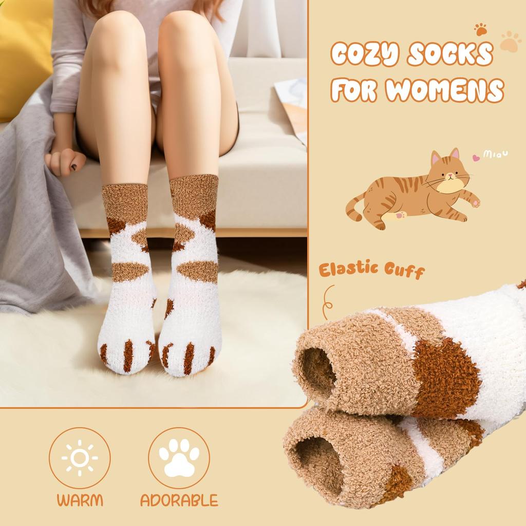 6 Pairs Womens Fuzzy Socks Cozy Fluffy Slipper Socks Cute Soft Cat Animal Winter Warm Sleep Socks Gifts