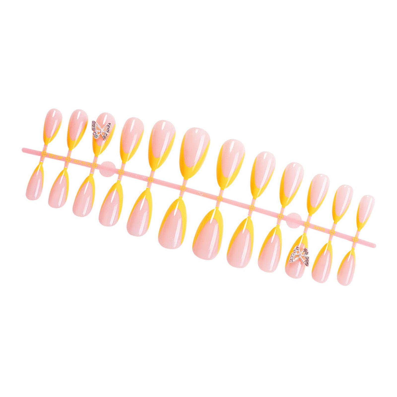 

24 шт. Желтые накладные ногти с французским кончиком, наклейки, накладные ногти-бабочки с дизайном из страз, миндалевидной формы, накладные ногти