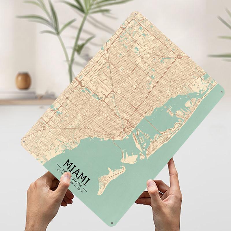 

Miami Vintage Map Printed Poster Customized Wall Art Retro Vintage Metal Tin Signs for Bedroom Decoration Room Decor Men Home At 7.9x11.8In(20x30cm)