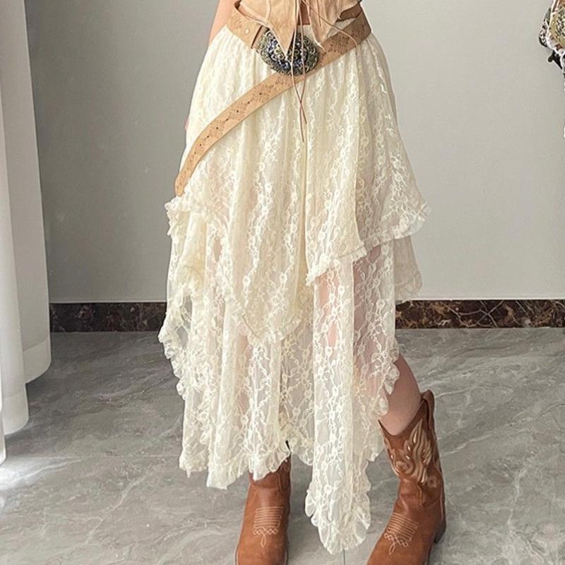 Versatile Layered Asymmetric Lace Skirt - Bohemian Nomadic Style Flowy Drape Midi Skirt