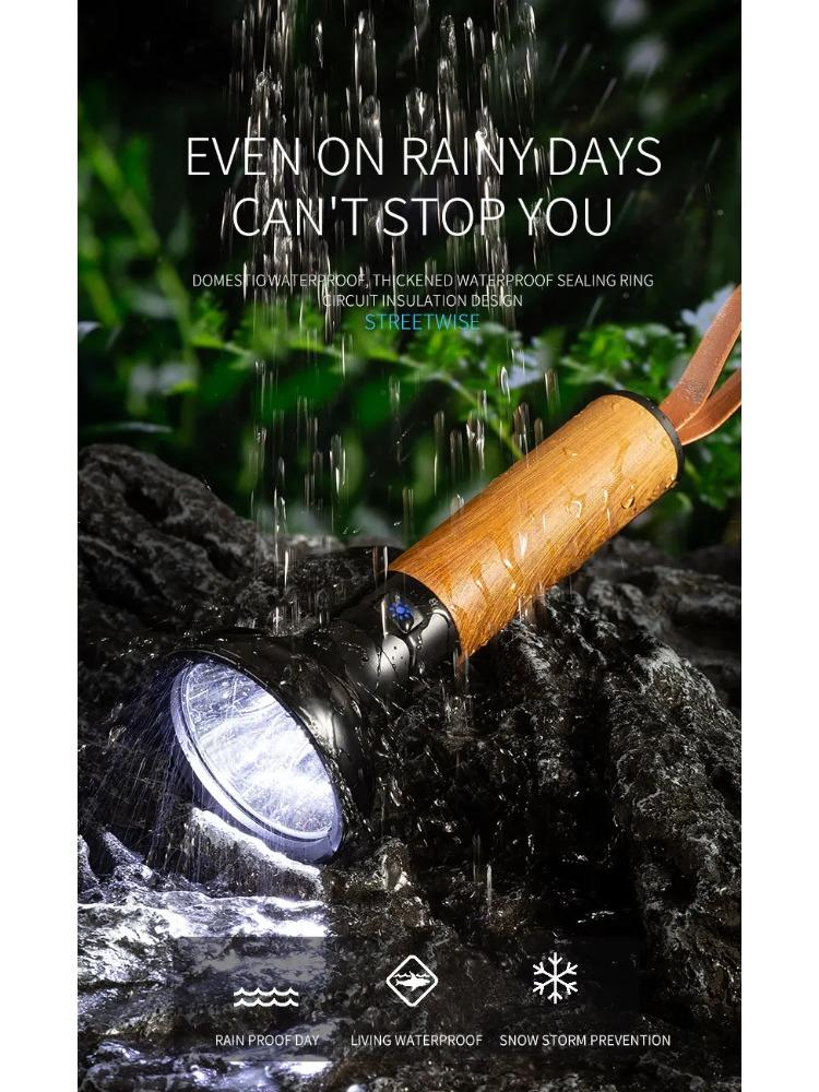 Powerful LED Strong Light Flashlight Aluminium Alloy Torch Imitation Wood Grain Built-in Battery Outdoor Waterproof Camping Lamp