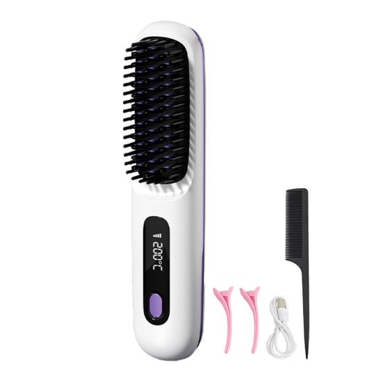 

Бездротова іонна випрямляч-щітка для волосся 3-в-1 Випрямлення, завивка та розгладження Іонна щітка для волосся Портативна та перезаряджувана Швидкий нагрів Проти пухнастості волосся білий