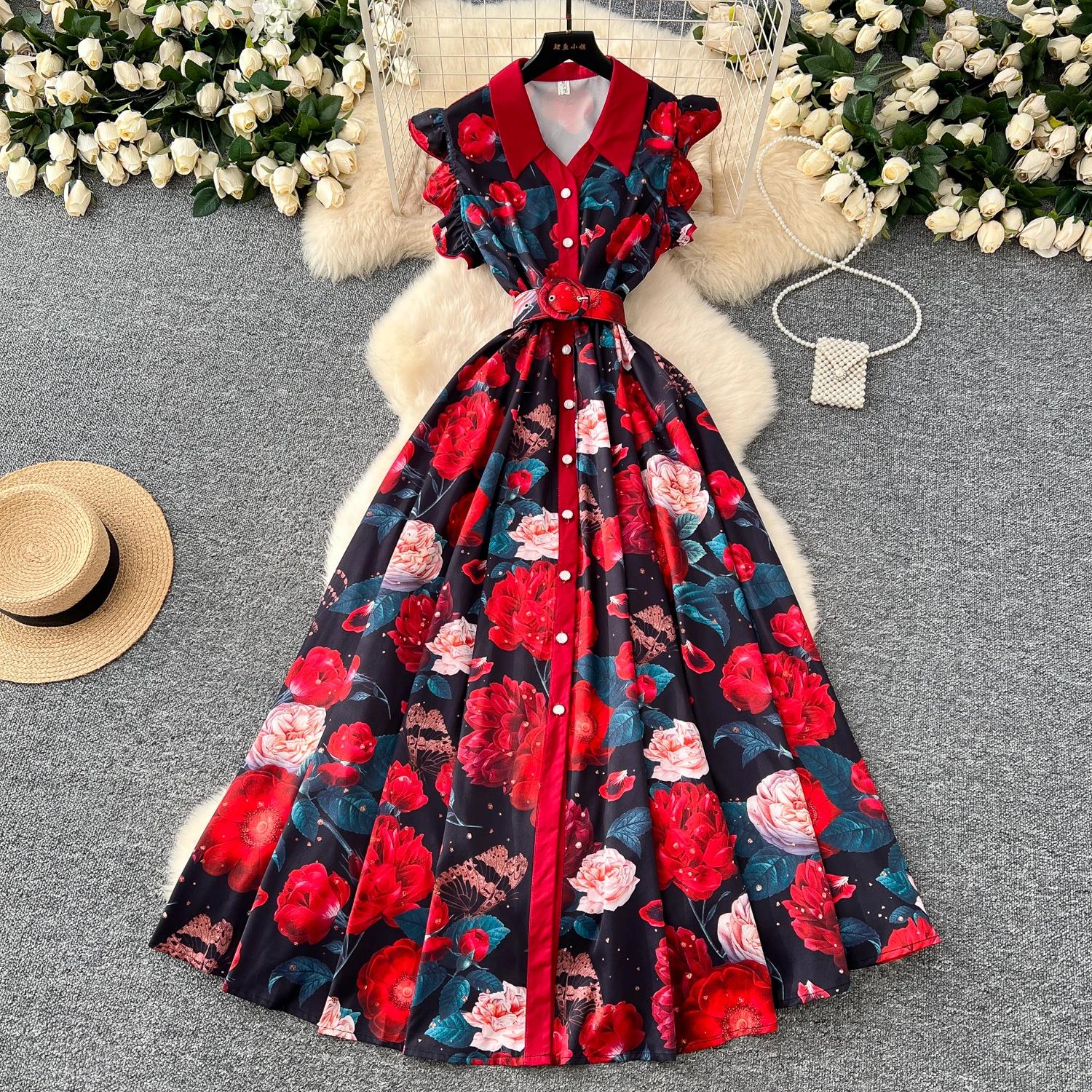 

Платья макси с цветочным принтом для женщин, оборки, отложной воротник, большой подол, элегантное платье, однобортные платья с развевающимися рукавами XXL красный/чёрный
