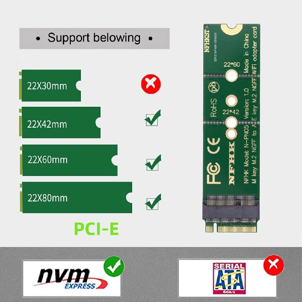 cablecc WiFi Riser Card NGFF Key-E Wireless Network Card - M.2 NGFF Key-M NVMe SSD Adapter WiFi 6 WiFi 7 Compatible