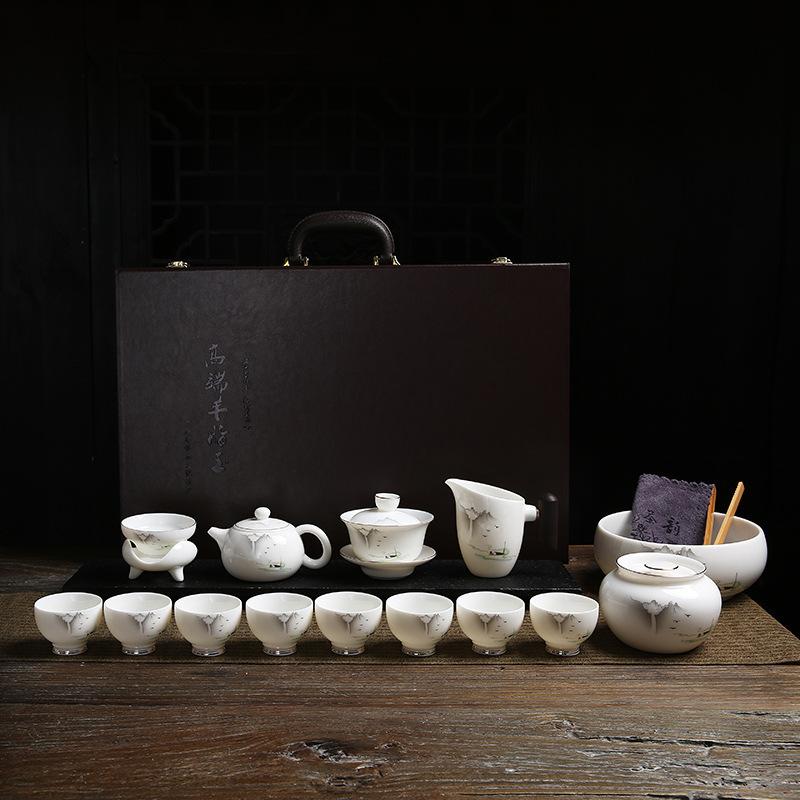 High-end suet jade kung fu tea set, high-end gifts for customers, company business gifts