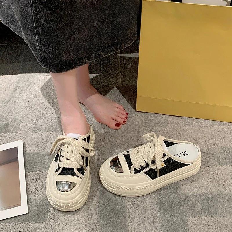 Fashion Outside Black Canvas Round Toe Slides Thick Shoes Women's Slippers and Ladies Sandals Height White Top Designs Small Size Unique