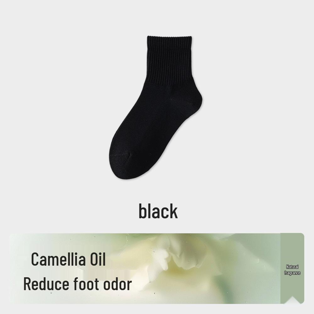 Women's Mid-Calf Camellia Essential Oil Antibacterial Cotton Socks - Solid Color, High Elasticity, for Spring & Autumn