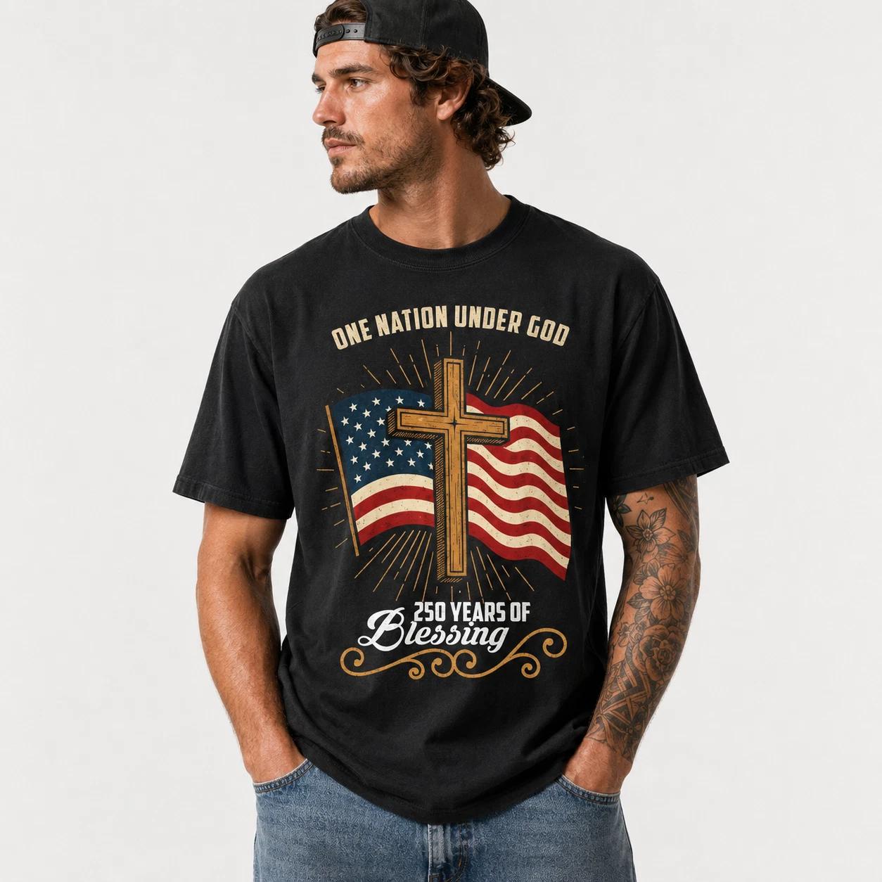 USA 250 Years T Shirt Flag Cross Patriotic Faith Freedom Graphic Casual Tee S