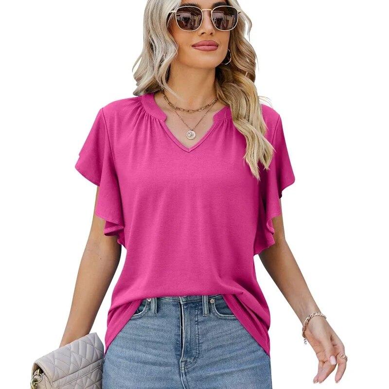 2026 Summer Casual Ruffled Edge Women Tshirt V-neck Fashion Solid Color Tee Shirts Elegant Pleated Loose Simple Blouse 30610