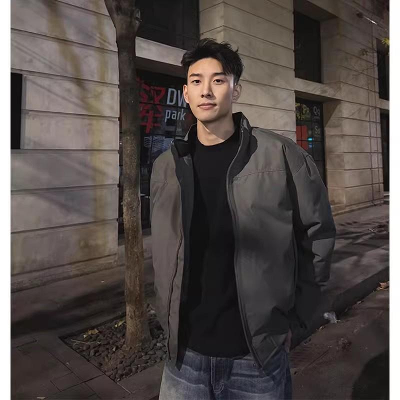 Men S Stand Collar Windproof Jacket American Functional Style Solid Color