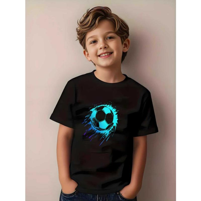 

European sizes Boys Soccer T-Shirt | Vibrant Blue with Soccer Ball Design, Soft Fabric, Crew Neck, Short Sleeves, Casual Style, Machine Washables 98cm чёрный