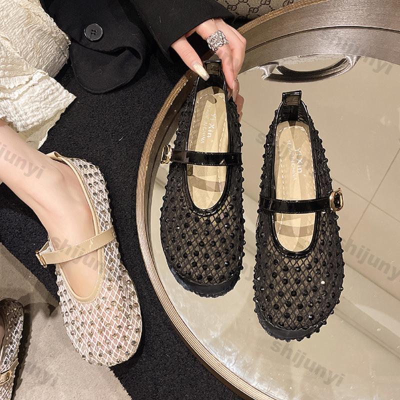 Fashion Women Summer Shoes 2025 Summer Fashion Round Toe Breathable Mary Jane Shoes Lightweight Soft Sole Rhinestone Ballet Flat Shoes