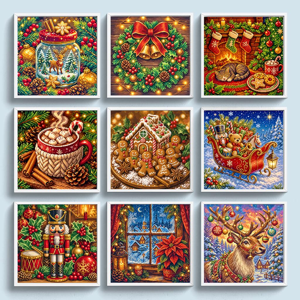 Christmas Full 11CT 3 Strands DIY Stamped Embroidery Needlepoint Starter Kits for Beginners Adults Home Wall Decor 15.75x15.75in