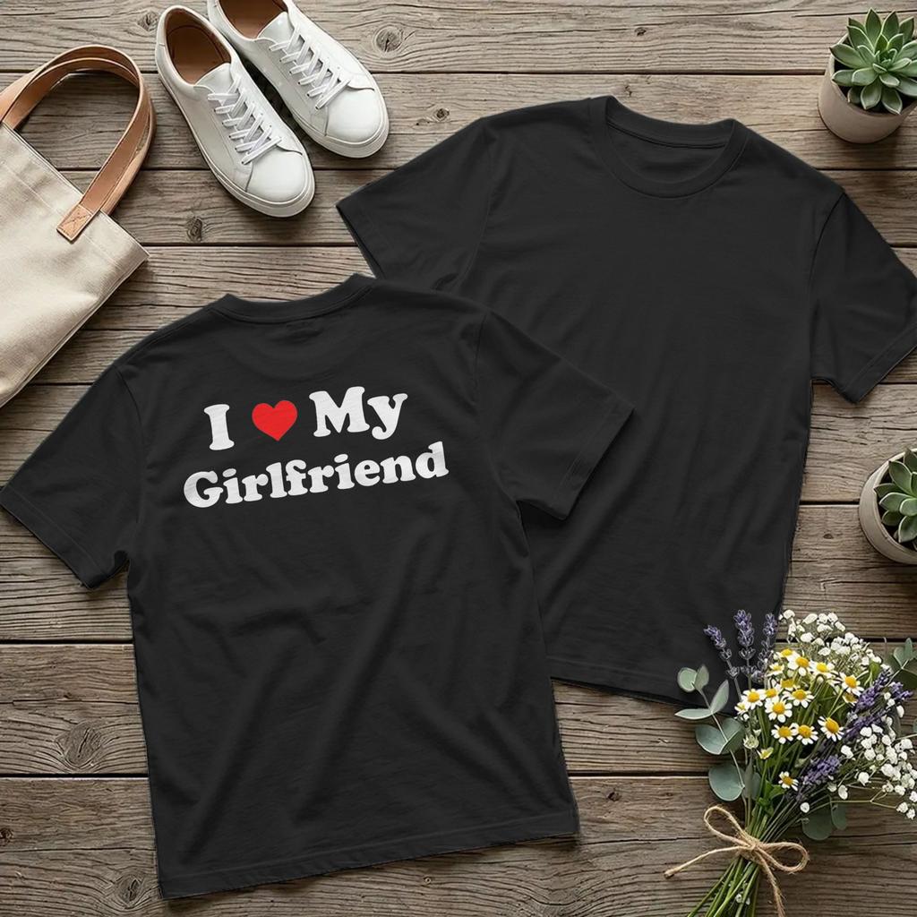 Backprint Men's I Love My Girlfriend T Shirt Boyfriend Valentine Cotton Tops Novelty Short Slee