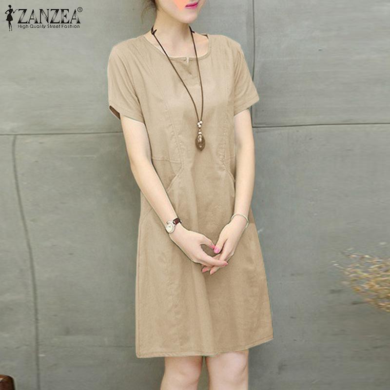 ZANZEA Damen Sommerkleid mit V-Ausschnitt, einfarbig, lässig, kurzärmelig