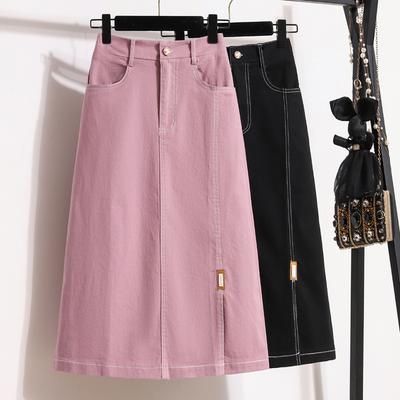 DIMANAF New Summer Style Plus Size Skirts Solid Buttons Women Denim A-Line Vintage Basic Skirt 5XL Pink