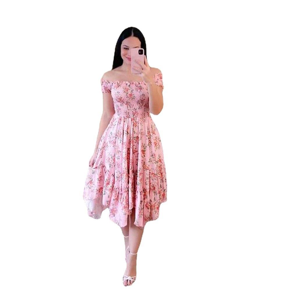 European and American Ebay One-word Collar Asymmetrical Off-the-shoulder Short-sleeved Digital Printing Dress