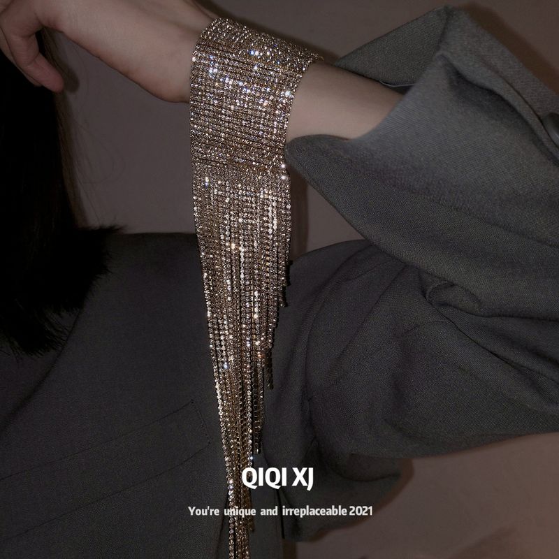European and American Style Exaggerated Super Shiny Bracelet with Wide Fringe, Full Diamond Fashion Versatile Bracelet, Trendy Jewelry for Women Gold