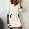 Women S Casual Long Sleeve Turn Down Collar Color Block Dress With Zipper Pocket