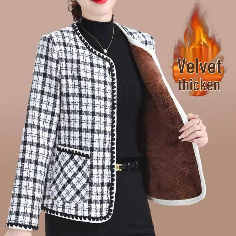 Chic Tweed Jacket for Middle-Aged Women - Versatile Autumn/Winter Cardigan with Plus Velvet Warmth 4XL хаки
