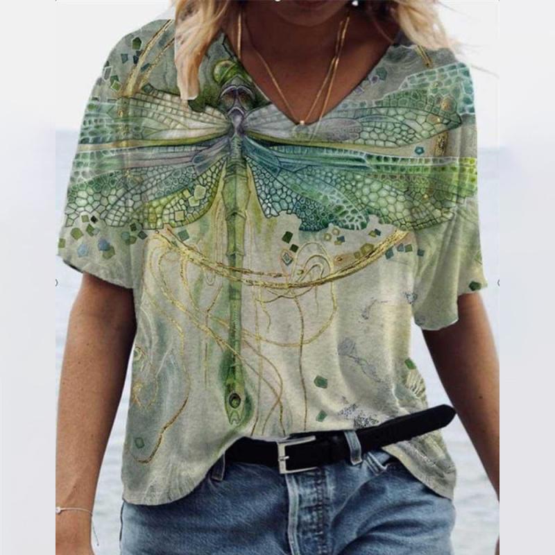 Women's T-shirts Summer Gradient Graphics Tops V-Neck Fashion Female Vintage Clothing Floral Print Tees Loose Oversized T-Shirts