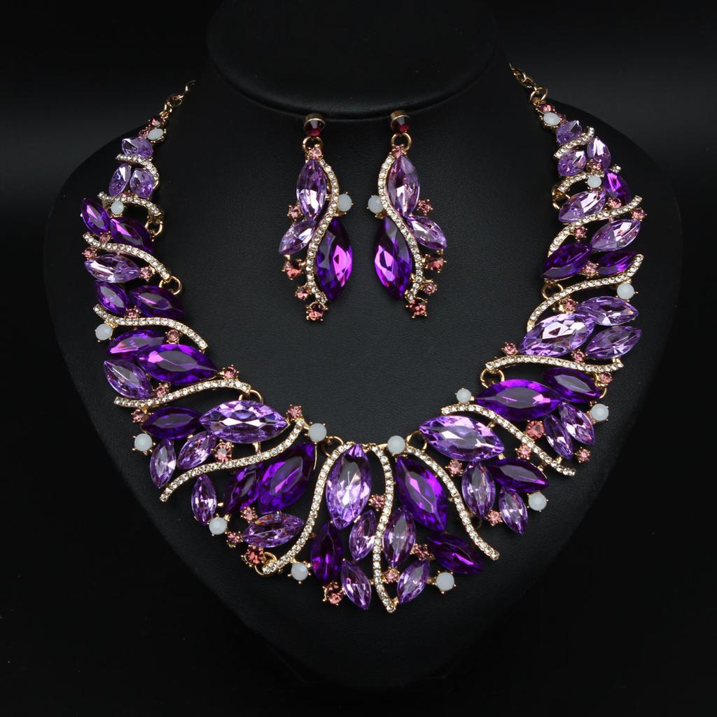 2026 European and American fashion crystal gemstone necklace women's earring set luxury bridal banquet dress accessories